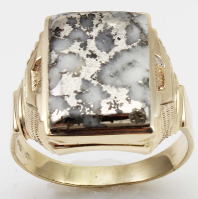 Antique 1920's Art Deco RARE Natural Silver Ore in Quartz Hand Milgrained 10k Solid Gold Men's Ring