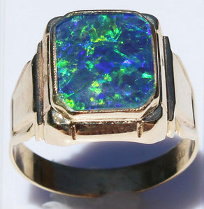 Antique 1920's Art Deco SIGNED Ostby & Barton BLUE GREEN RARE Black Opal 10k Solid Gold Men's Ring