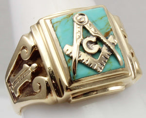 Antique 1920's Art Deco Masonic Natural Turquoise 10k Solid Yellow Gold Men's Ring