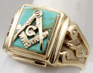 Antique 1920's Art Deco Masonic Natural Turquoise 10k Solid Yellow Gold Men's Ring