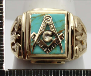 Antique 1920's Art Deco Masonic Natural Turquoise 10k Solid Yellow Gold Men's Ring