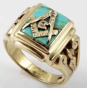 Antique 1920's Art Deco Masonic Natural Turquoise 10k Solid Yellow Gold Men's Ring