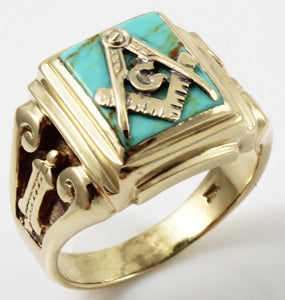 Antique 1920's Art Deco Masonic Natural Turquoise 10k Solid Yellow Gold Men's Ring