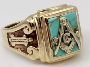 Antique 1920's Art Deco Masonic Natural Turquoise 10k Solid Yellow Gold Men's Ring