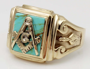 Antique 1920's Art Deco Masonic Natural Turquoise 10k Solid Yellow Gold Men's Ring