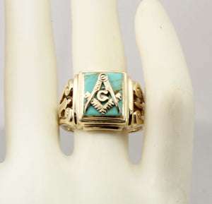 Antique 1920's Art Deco Masonic Natural Turquoise 10k Solid Yellow Gold Men's Ring