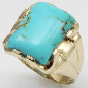 Antique 1920's Art Deco Natural Robin's Egg Blue Kingman Mine Turquoise 10k Solid Gold Men's Ring