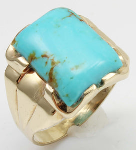 Antique 1920's Art Deco Natural Robin's Egg Blue Kingman Mine Turquoise 10k Solid Gold Men's Ring