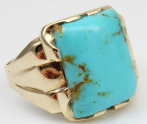 Antique 1920's Art Deco Natural Robin's Egg Blue Kingman Mine Turquoise 10k Solid Gold Men's Ring