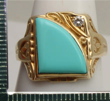 Load image into Gallery viewer, Antique SIGNED GOTHIC 1930's Art Deco Robin's Egg Blue Turquoise &amp; Diamond 10k Solid Gold Men's Ring
