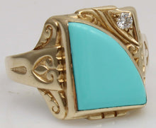 Load image into Gallery viewer, Antique SIGNED GOTHIC 1930's Art Deco Robin's Egg Blue Turquoise &amp; Diamond 10k Solid Gold Men's Ring