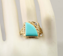 Load image into Gallery viewer, Antique SIGNED GOTHIC 1930's Art Deco Robin's Egg Blue Turquoise &amp; Diamond 10k Solid Gold Men's Ring