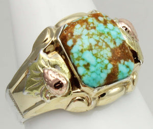 Antique Deco Natural RARE #8 Mine Turquoise Silver 10k Tricolor Yellow Rose & Green Gold Men's Ring