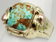 Load image into Gallery viewer, Antique Deco Natural RARE #8 Mine Turquoise Silver 10k Tricolor Yellow Rose &amp; Green Gold Men&#39;s Ring