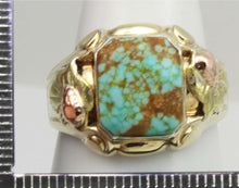 Load image into Gallery viewer, Antique Deco Natural RARE #8 Mine Turquoise Silver 10k Tricolor Yellow Rose &amp; Green Gold Men&#39;s Ring