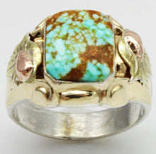 Load image into Gallery viewer, Antique Deco Natural RARE #8 Mine Turquoise Silver 10k Tricolor Yellow Rose &amp; Green Gold Men&#39;s Ring