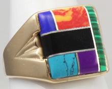 Load image into Gallery viewer, Vintage 1960&#39;s Lapis Turquoise Onyx Malachite Sugilite Jasper Inlay 10k Solid Gold Men&#39;s Ring