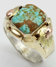 Load image into Gallery viewer, Antique Deco Natural RARE #8 Mine Turquoise Silver 10k Tricolor Yellow Rose &amp; Green Gold Men&#39;s Ring