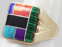 Load image into Gallery viewer, Vintage 1960&#39;s Lapis Turquoise Onyx Malachite Sugilite Jasper Inlay 10k Solid Gold Men&#39;s Ring