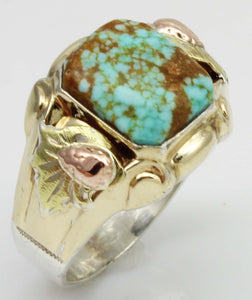 Antique Deco Natural RARE #8 Mine Turquoise Silver 10k Tricolor Yellow Rose & Green Gold Men's Ring