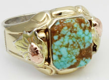 Load image into Gallery viewer, Antique Deco Natural RARE #8 Mine Turquoise Silver 10k Tricolor Yellow Rose &amp; Green Gold Men&#39;s Ring
