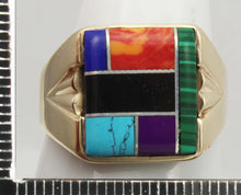 Load image into Gallery viewer, Vintage 1960&#39;s Lapis Turquoise Onyx Malachite Sugilite Jasper Inlay 10k Solid Gold Men&#39;s Ring