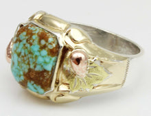 Load image into Gallery viewer, Antique Deco Natural RARE #8 Mine Turquoise Silver 10k Tricolor Yellow Rose &amp; Green Gold Men&#39;s Ring