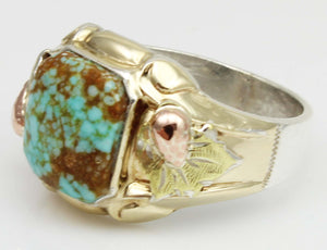 Antique Deco Natural RARE #8 Mine Turquoise Silver 10k Tricolor Yellow Rose & Green Gold Men's Ring
