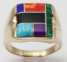 Load image into Gallery viewer, Vintage 1960&#39;s Lapis Turquoise Onyx Malachite Sugilite Jasper Inlay 10k Solid Gold Men&#39;s Ring