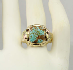 Antique Deco Natural RARE #8 Mine Turquoise Silver 10k Tricolor Yellow Rose & Green Gold Men's Ring