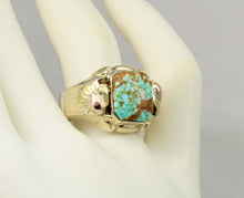 Load image into Gallery viewer, Antique Deco Natural RARE #8 Mine Turquoise Silver 10k Tricolor Yellow Rose &amp; Green Gold Men&#39;s Ring