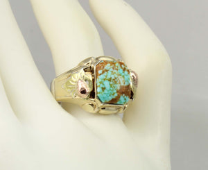 Antique Deco Natural RARE #8 Mine Turquoise Silver 10k Tricolor Yellow Rose & Green Gold Men's Ring