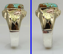 Load image into Gallery viewer, Antique Deco Natural RARE #8 Mine Turquoise Silver 10k Tricolor Yellow Rose &amp; Green Gold Men&#39;s Ring