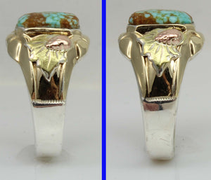 Antique Deco Natural RARE #8 Mine Turquoise Silver 10k Tricolor Yellow Rose & Green Gold Men's Ring