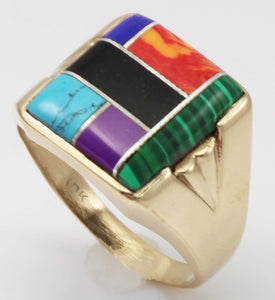 Vintage 1960's Lapis Turquoise Onyx Malachite Sugilite Jasper Inlay 10k Solid Gold Men's Ring