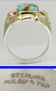 Antique Deco Natural RARE #8 Mine Turquoise Silver 10k Tricolor Yellow Rose & Green Gold Men's Ring