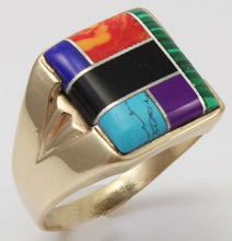 Load image into Gallery viewer, Vintage 1960&#39;s Lapis Turquoise Onyx Malachite Sugilite Jasper Inlay 10k Solid Gold Men&#39;s Ring