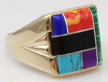 Load image into Gallery viewer, Vintage 1960&#39;s Lapis Turquoise Onyx Malachite Sugilite Jasper Inlay 10k Solid Gold Men&#39;s Ring