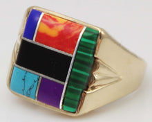 Load image into Gallery viewer, Vintage 1960&#39;s Lapis Turquoise Onyx Malachite Sugilite Jasper Inlay 10k Solid Gold Men&#39;s Ring