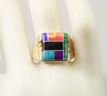 Load image into Gallery viewer, Vintage 1960&#39;s Lapis Turquoise Onyx Malachite Sugilite Jasper Inlay 10k Solid Gold Men&#39;s Ring