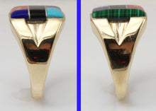 Load image into Gallery viewer, Vintage 1960&#39;s Lapis Turquoise Onyx Malachite Sugilite Jasper Inlay 10k Solid Gold Men&#39;s Ring