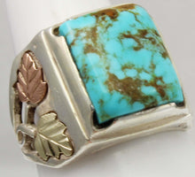 Load image into Gallery viewer, Estate RARE ORANGE MATRIX Natural Kingman Turquoise 12k Solid Rose &amp; Green Gold &amp; Silver Men&#39;s Ring