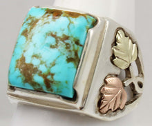 Load image into Gallery viewer, Estate RARE ORANGE MATRIX Natural Kingman Turquoise 12k Solid Rose &amp; Green Gold &amp; Silver Men&#39;s Ring