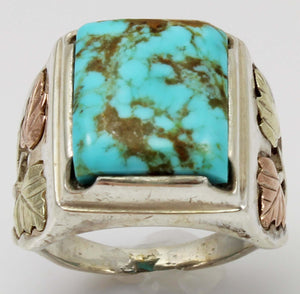 Estate RARE ORANGE MATRIX Natural Kingman Turquoise 12k Solid Rose & Green Gold & Silver Men's Ring