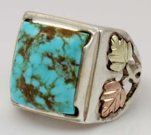 Load image into Gallery viewer, Estate RARE ORANGE MATRIX Natural Kingman Turquoise 12k Solid Rose &amp; Green Gold &amp; Silver Men&#39;s Ring