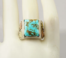 Load image into Gallery viewer, Estate RARE ORANGE MATRIX Natural Kingman Turquoise 12k Solid Rose &amp; Green Gold &amp; Silver Men&#39;s Ring