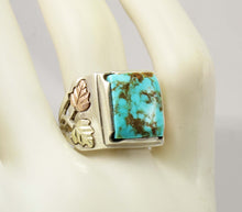 Load image into Gallery viewer, Estate RARE ORANGE MATRIX Natural Kingman Turquoise 12k Solid Rose &amp; Green Gold &amp; Silver Men&#39;s Ring