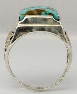 Estate RARE ORANGE MATRIX Natural Kingman Turquoise 12k Solid Rose & Green Gold & Silver Men's Ring