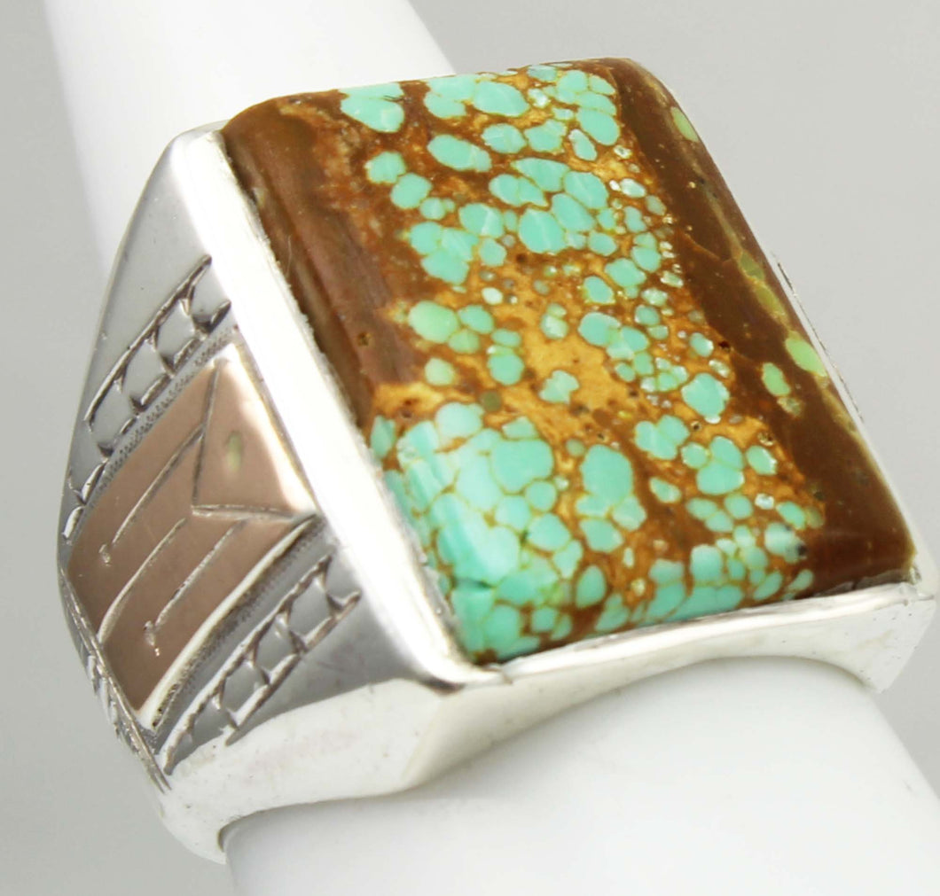 HEAVY Antique 1920's Art Deco RARE Natural #8 Mine Nevada Turquoise Silver & 10k Rose Gold Mens Ring