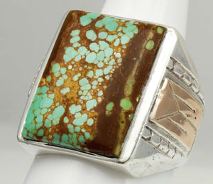 HEAVY Antique 1920's Art Deco RARE Natural #8 Mine Nevada Turquoise Silver & 10k Rose Gold Mens Ring